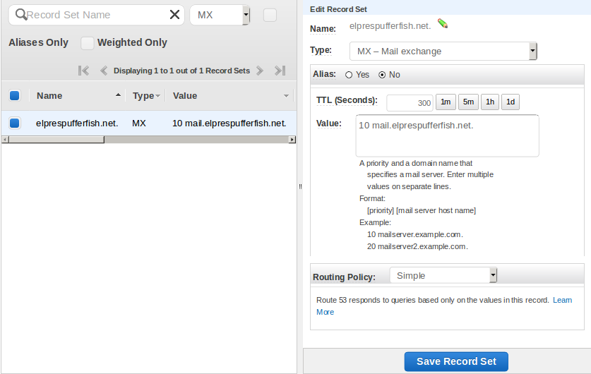 Add an MX DNS Record in Route53